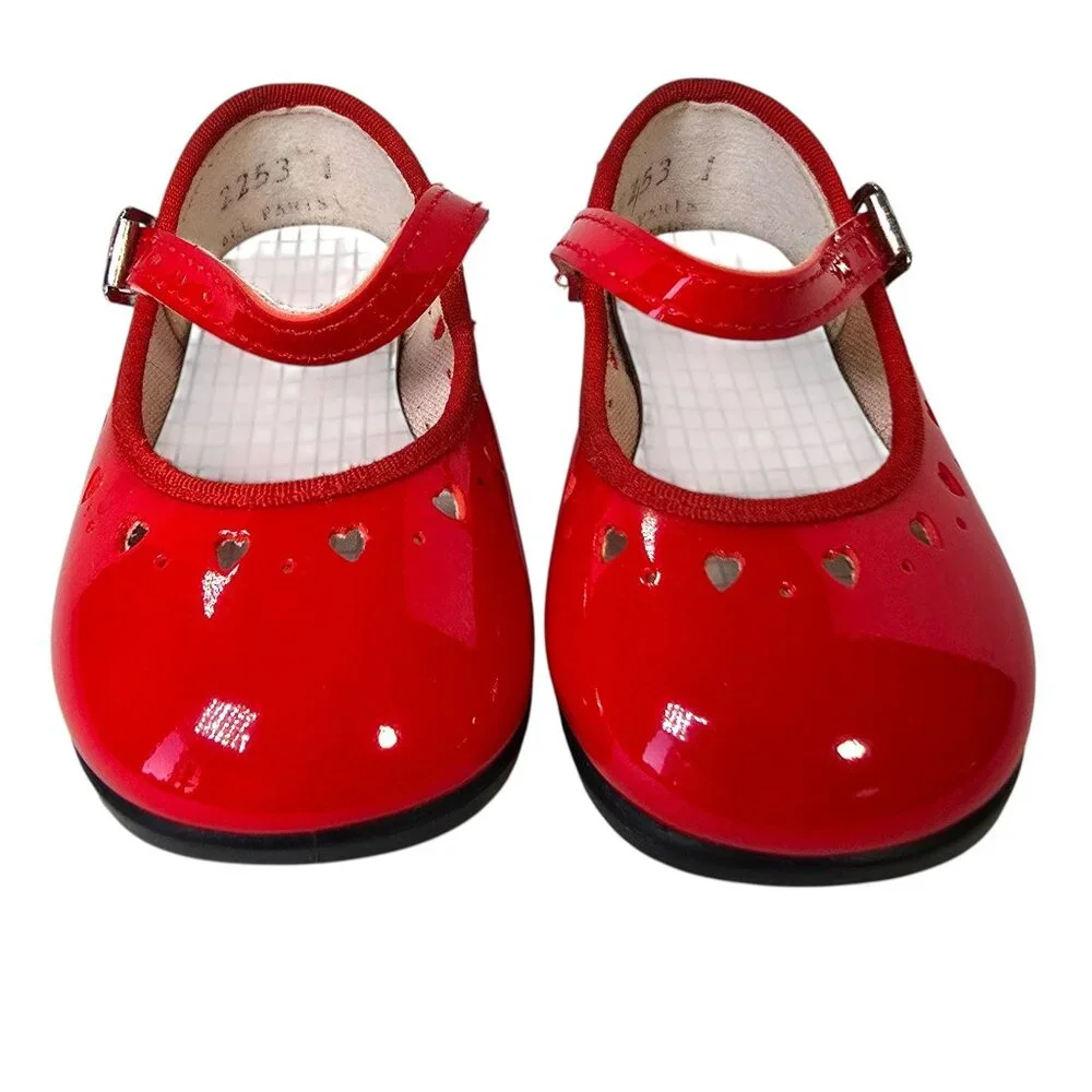 VTG Red Patent Leather Look Baby Girl Mary Jane Shoes Heart Cutouts Buckle USA